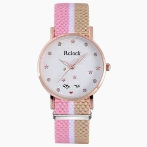Watch Women’s Analog Round  Adjustable Preppy Stripe Canvas Band Pink Tan